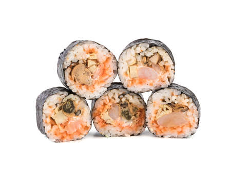 A set of sushi rolls with wasabi isolated on white background. A concept of seafood and Japanese cuisine, closeup.の写真素材