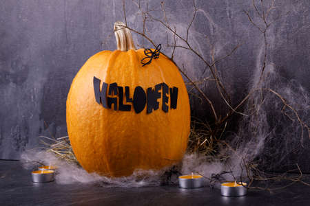 Halloween pumpkin with candles, spiders, web, horror stories on a dark background, closeup. The concept of autumn holidays.の写真素材