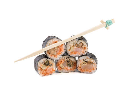 A set of sushi rolls with chopsticks isolated on white background. A concept of seafood and Japanese cuisine.の写真素材