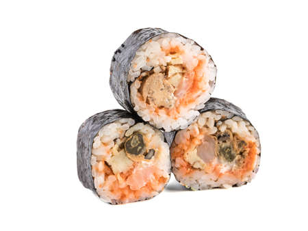 A set of sushi rolls with wasabi isolated on white background. A concept of seafood and Japanese cuisine, closeup.の写真素材