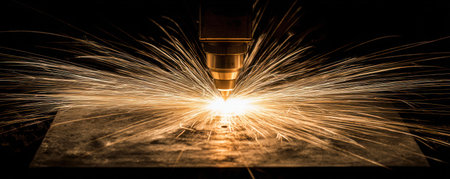 Industrial laser cutting of metal with sparks. Close-up.の素材