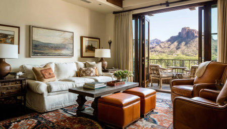 Interior of a hotel room with a view of the mountains.の素材