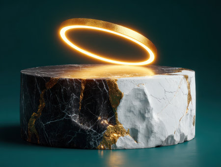 A golden halo floats above a marble podium on a teal backdropの素材
