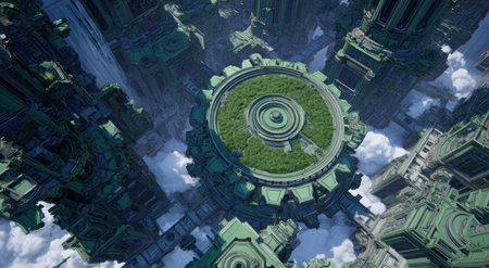 Overhead perspective of a futuristic city with intricate, green structures and a central parkの素材