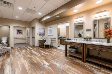 Public restroom featuring open entry, wood flooring, sinks, mirrors, and various doors leading awayの素材