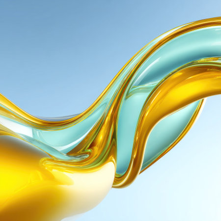 Swirling abstract ribbons of gold and turquoise liquid against a bright gradient blueの素材