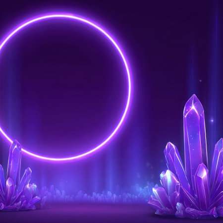 Abstract, purple scene with glowing circle, crystals, and soft vertical linesの素材