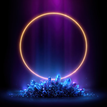 Digital art featuring a glowing neon ring over a cluster of sparkling blue crystalsの素材