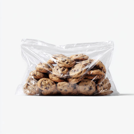 Close-up of a clear plastic bag overflowing with chocolate chip cookies against a white backgroundの素材