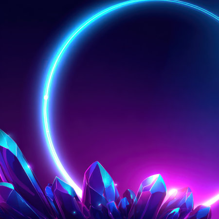 Neon ring and crystals glow against a deep purple and black backgroundの素材