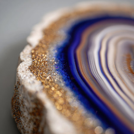 Close-up of a decorative geode slice, showcasing layers of color and textureの素材
