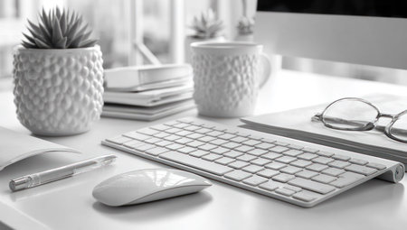 Monochromatic office scene with keyboard, computer, succulent, mug, glasses, and notebookの素材