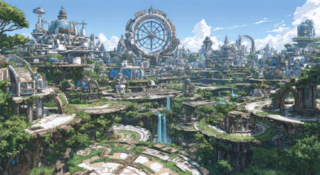 A sprawling, futuristic city nestled amidst lush greenery under a bright, clear skyの素材