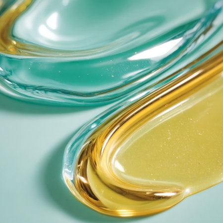 Abstract close-up of two translucent, fluid swirls in teal and gold huesの素材