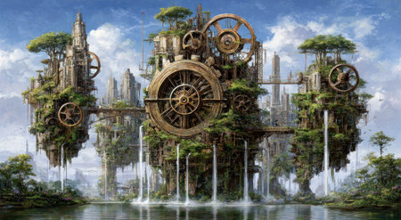 A fantastical floating city of gears, trees, waterfalls, and buildings, set in a scenic landscapeの素材