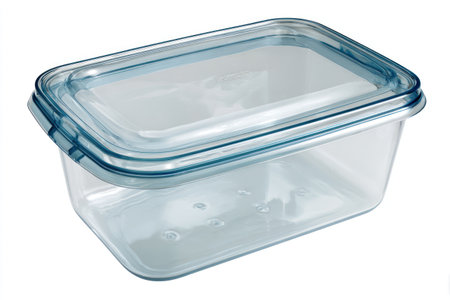 A clear rectangular food container with a blue-tinted lid and clipsの素材