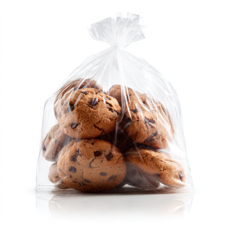 Bag of chocolate chip cookies, sealed in clear plastic, with reflections on a white surfaceの素材