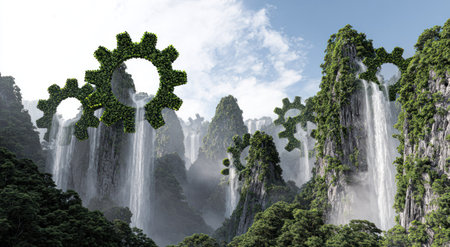 Surreal landscape with gear-shaped foliage, cascading waterfalls, and misty mountain peaksの素材