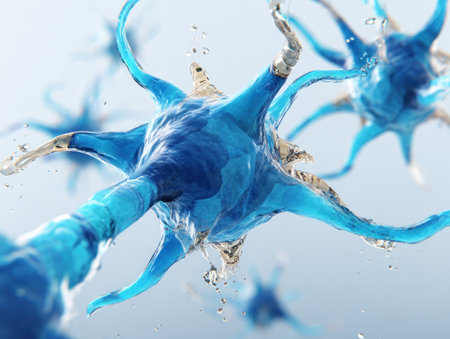 Close-up view of stylized nerve cells with blue hue, water droplets, and blurred backgroundの素材