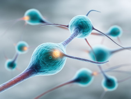 A close-up view of abstract teal neurons with glowing axon terminalsの素材