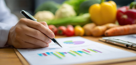 Person&#39;s hand with pen writing on colorful graphs, vegetables blurred in the backgroundの素材