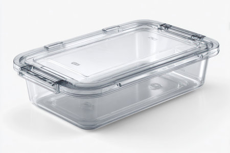 A rectangular, transparent plastic container with a hinged lid, sitting on whiteの素材
