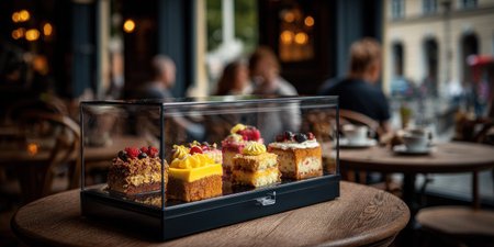 Display case of cakes on a cafe table with blurred diners and street view backgroundの素材