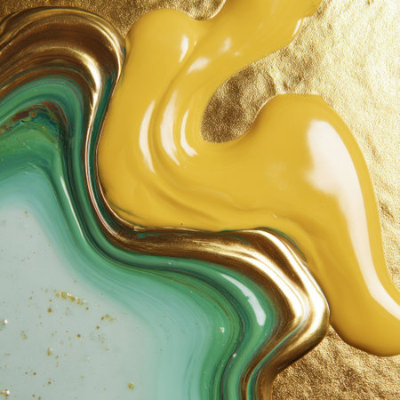Swirling mix of teal, mustard yellow, and gold paint on a reflective textured surfaceの素材