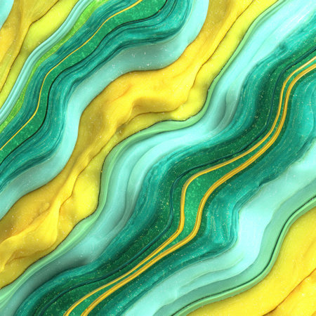 Swirling abstract illustration with layered, flowing bands of yellow, teal, and goldの素材