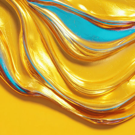 Abstract, golden flowing, rippled, and reflective liquid with hints of blueの素材