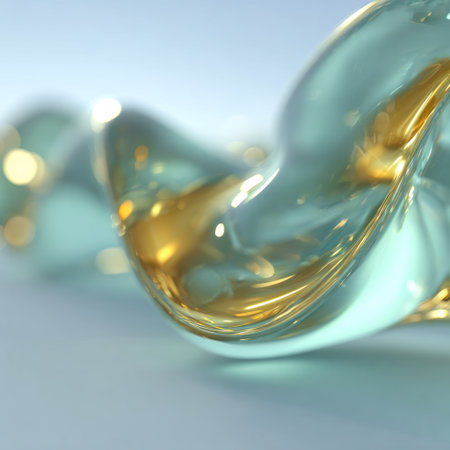 Twisted, fluid, translucent glass sculpture with gold accents, bokeh backgroundの素材