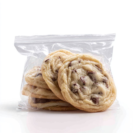 Stack of chocolate chip cookies in clear plastic bag, with white backgroundの素材