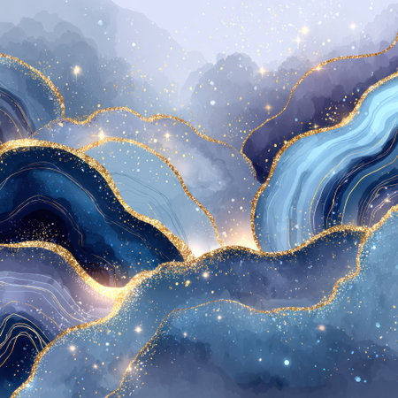 Abstract image of layered blue and gold-veined mountains with sparkling highlightsの素材