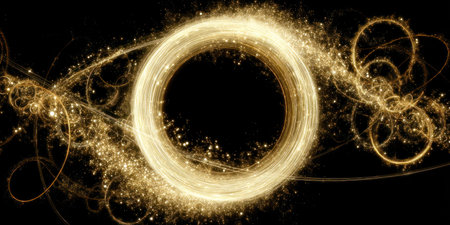 Glowing golden ring with particles and swirling patterns against a black backgroundの素材