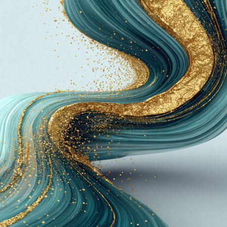 Abstract swirling teal and gold wave with fine particles against a pale backgroundの素材