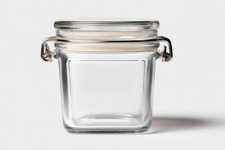 A small, clear, square glass jar with a metal clasp closure and off-white lidの素材