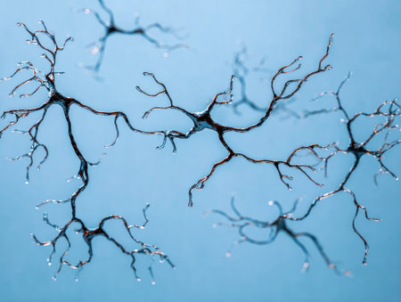 Microscopic illustration of branching nerve cells against a blue background, detail viewの素材