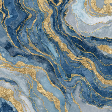 Abstract watercolor artwork with flowing blue and gold textures, resembling gemstone veiningの素材