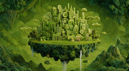 Fantasy green island city floating in clouds, lush with foliage, mechanical elementsの素材