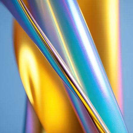 Abstract close-up of flowing, iridescent metallic forms against a soft blue backdropの素材