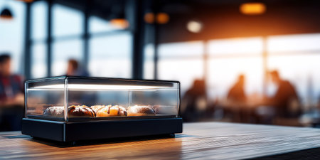 A lit pastry display case sits on a wooden table. Blurred background of a cafe settingの素材