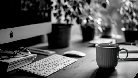 Black and white photo workspace scene, computer, plants, coffee, and desk accessoriesの素材