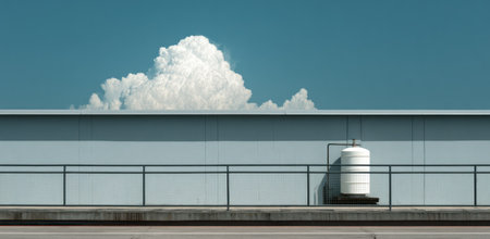 Blue sky with fluffy cloud above light grey wall and tank. Industrial styleの素材