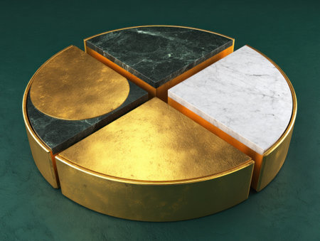 A segmented circle with diverse textures and colors marble, gold, and a teal backgroundの素材