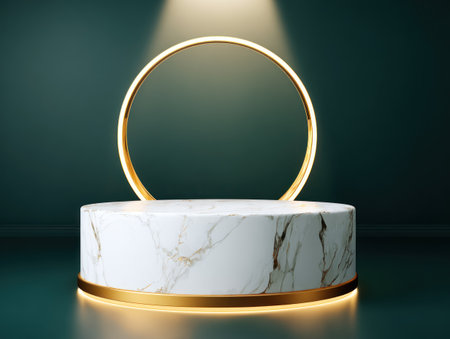 Marble pedestal with golden accents and ring, under a spotlight, against a teal backgroundの素材