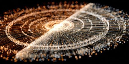 Circular abstract art with glowing orbs and lines, half lit, contrasting dark spaceの素材