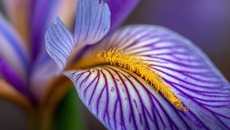 Close-up of a vibrant iris flower with purple and blue petals and yellow centerの素材