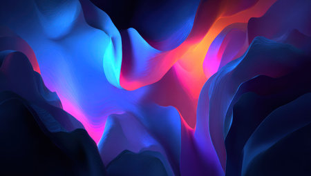 Abstract, vibrant, fluid landscape with neon blues, pinks, and oranges flowing togetherの素材