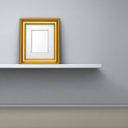 Gold framed picture, blank, on white shelf attached to a grey wall, simple interiorの素材