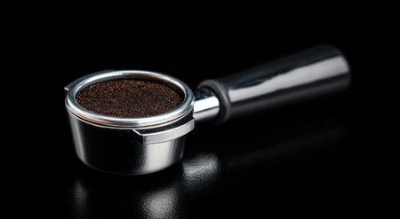 Close-up of a chrome portafilter filled with finely ground coffee against a black backgroundの素材